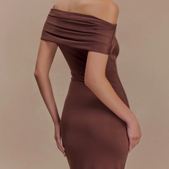 Meshki - Cassandra Off Shoulder Slinky Maxi Dress - Chocolate - Small - Picture 2 of 3
